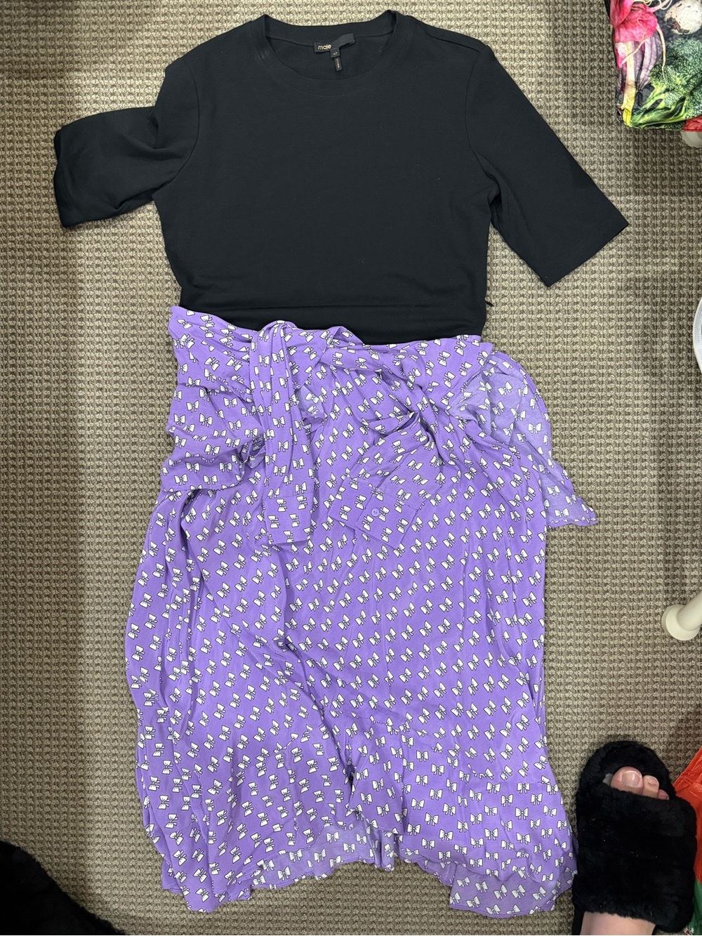 Maje Trompe L'oeil Midi Dress Black/purple Bow Print Jersey And Crepe